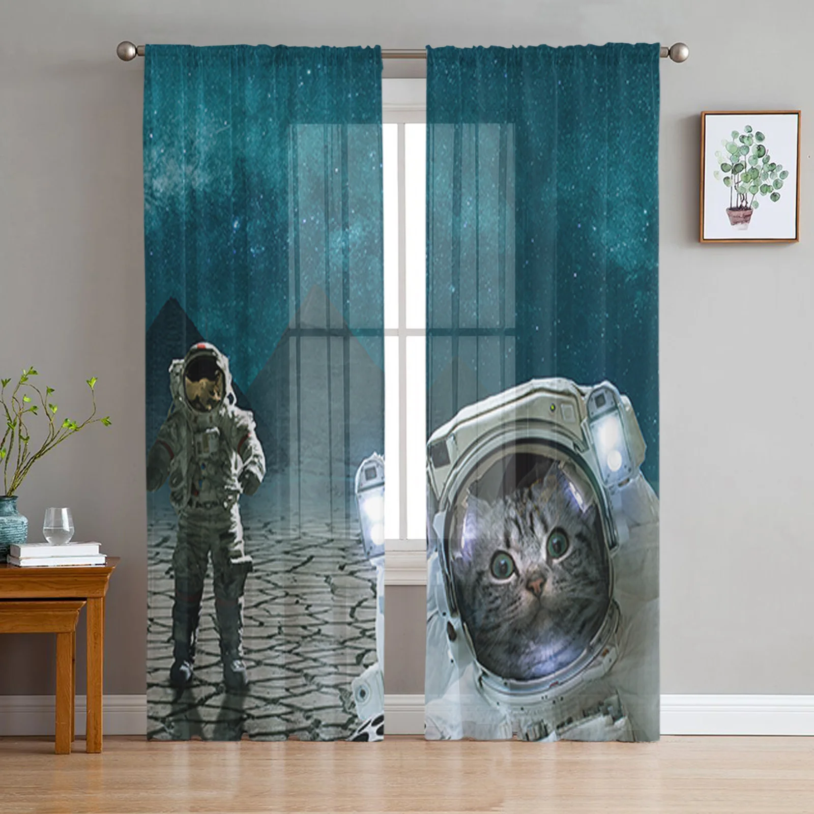 

Astronaut Pyramid Space Universe Cat Chiffon Sheer Curtains for Living Room Bedroom Home Decor Window Voile Tulle Curtain Drapes