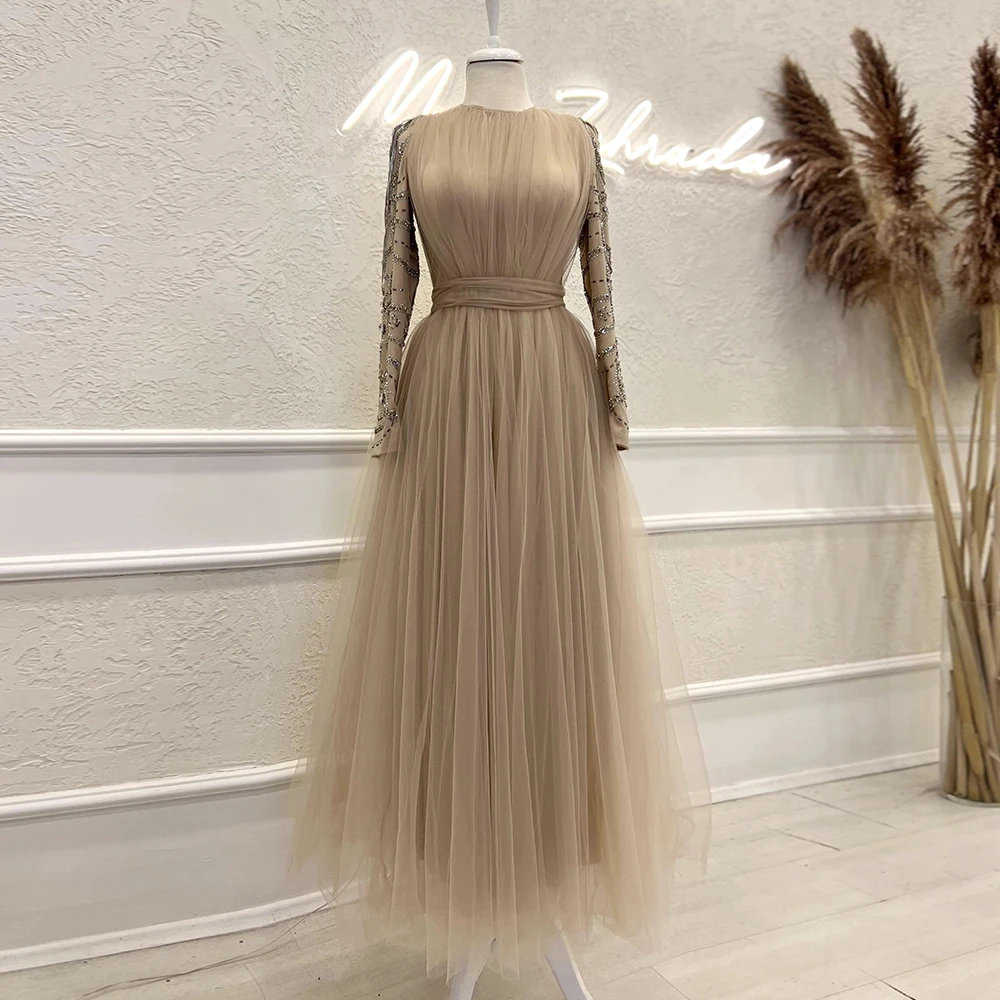 

Pastrol O-Neck Evening Dresses For Women Long Sleeves A-Line Party Gowns Tulle With Lace Applique Floor Length Robes De Soirée