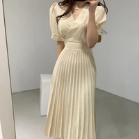 bandge pleated dress new women summer clothes elegant v neck slim office lady casual a line vestidos high quality kleid 2022 new