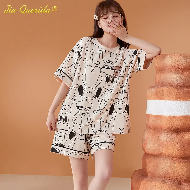 

Women Summer Shorts Pajama Set Cotton Pullover Cartoon Sleepwear for Lady Fashion Girls Casual Kawaii Homeclothes Chic Pijamas