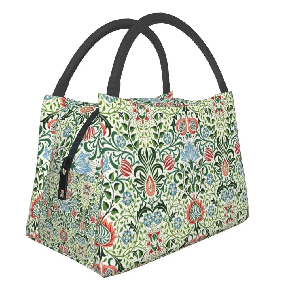 

Blue Flower Red Green Floral Swirl And Leaf Insulated Lunch Bags for Women William Morris Portable Food Lunch Box