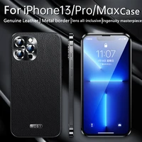 new iphone 13 pro max case light luxury style business phone cover top genuine leather backplane metal border for iphone 13 case