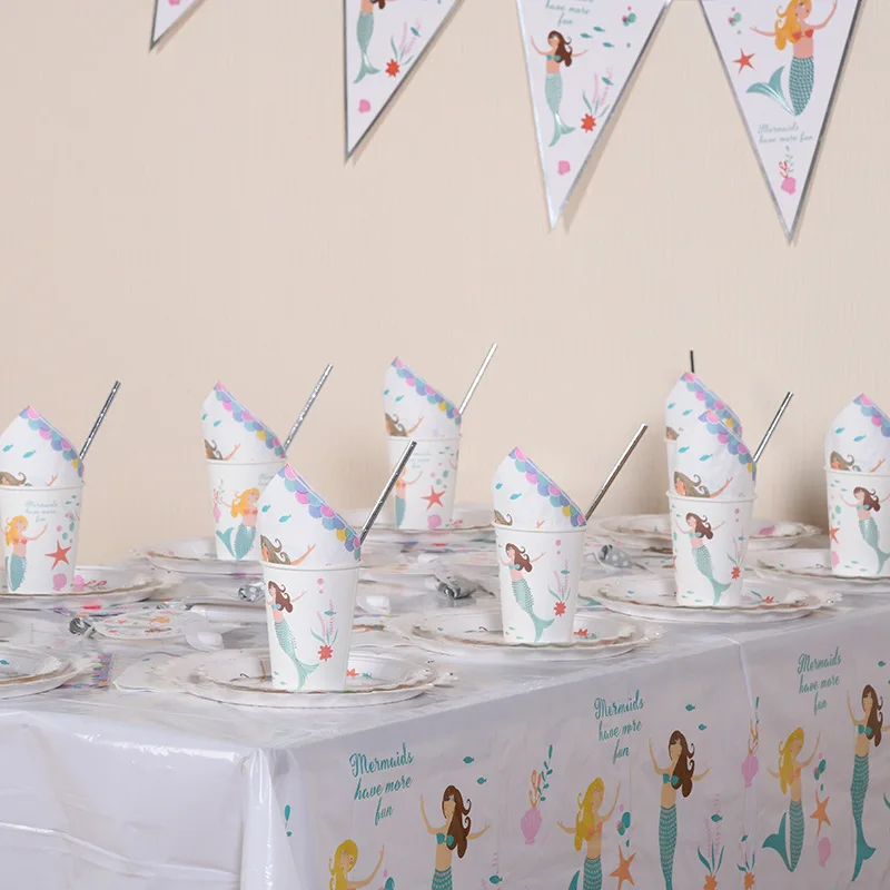 

Mermaid Party Supplies Atmosphere Decorations Paper Cup Paper Pallet Tablecloth Pennant Birthday Cake Decoration Baby Shower