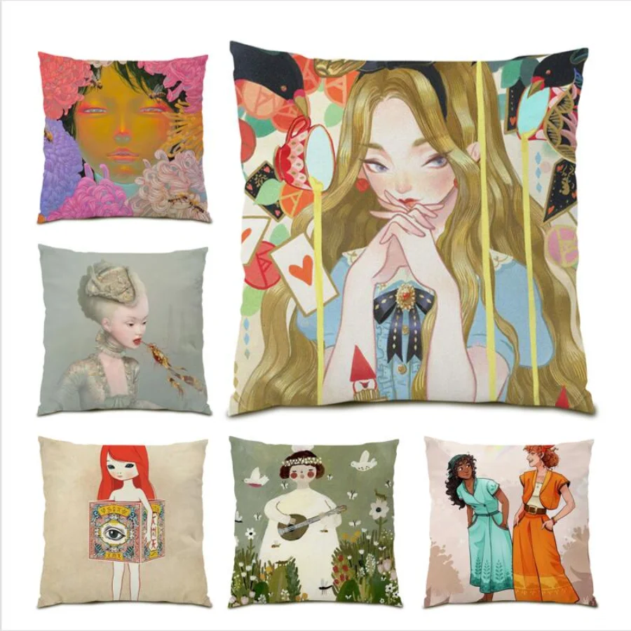

Bed Pillow Cover Case Decoration Home Gift Living Room Velvet Cushion Cover 45x45 Cartoon Girl Polyester Linen Cute E0472