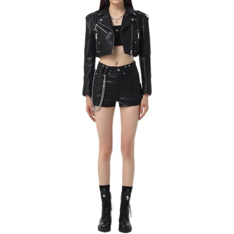 za fashion genuine leather sheepskin 2022 Spring Autumn Motorcycle Jacket Short Leather Suit Collar Jacket Slim Star same Casual