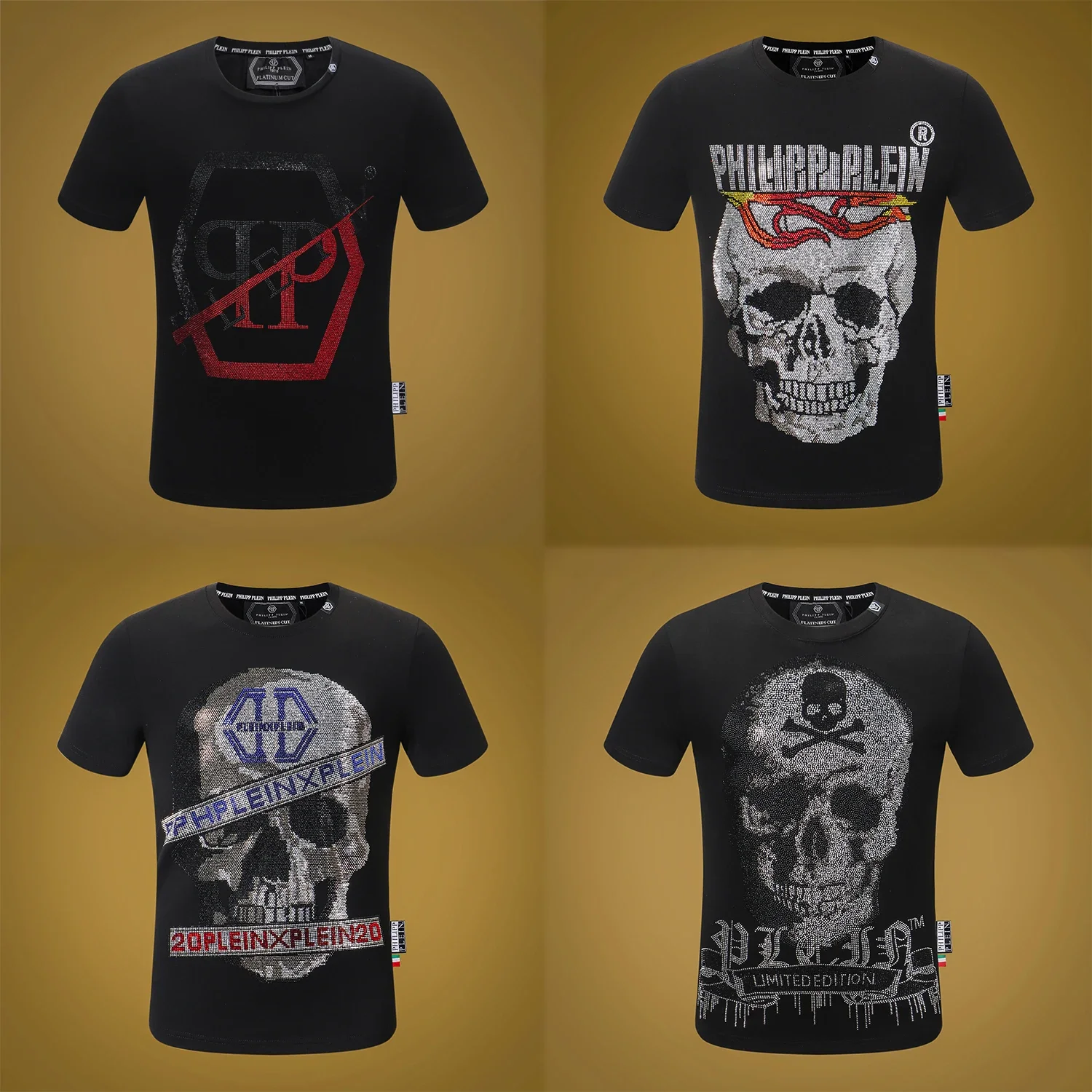 2023 Brand QP PHILIPP Design Diamond Shirt Summer Plein Style Cotton Rhinestone O-Neck Black T-shirt For Men