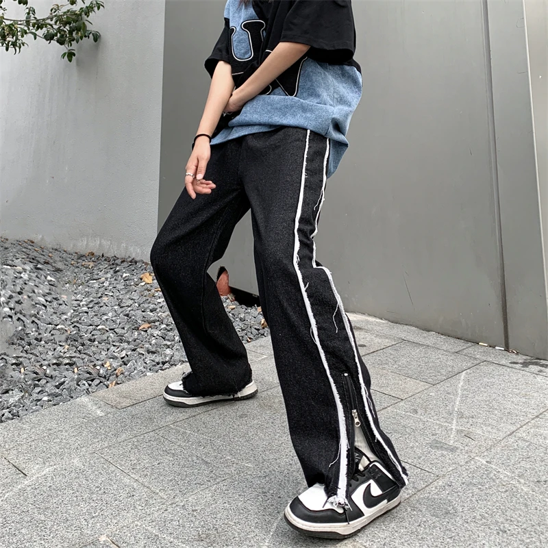 Streetwear Black Ruffled Jeans Women Fashion Hip Hop High Waist Loose Side Zipper Maxi Wide Leg Pants S-3XL