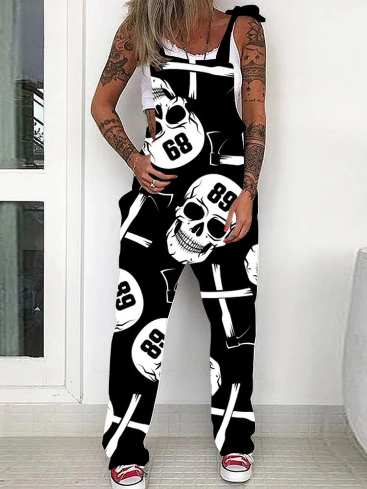 

Women's Skull Print Strappy Jumpsuits Casual Fashion Sleeveless Pockets Loose Jumpsuit 2022 Summer Elegant Trendy Playsuits