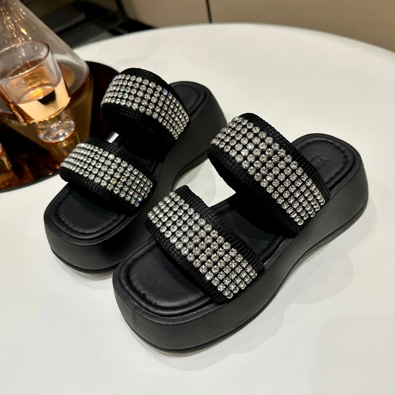 

Шлепанцы женские на платформе, сандалии с кристаллами, плоская подошва, повседневная обувь, сланцы, лето 2023