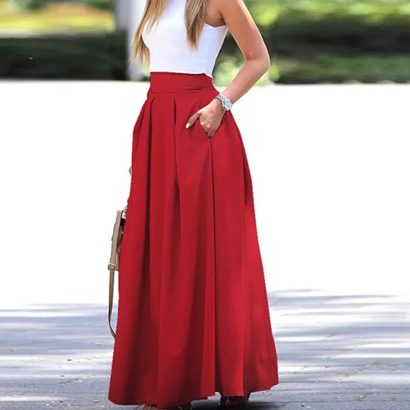 

2022 Women Summer High Waist Long Skirts Skirts Casual Elegant Pleated Maxi Skirt Solid Work OL Skirt
