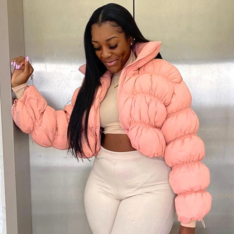 

Casual Winter Long Sleeve Zipper Crop Top Bubble Pink Puffer Jacket For Women Outfits Fashion Outdoor Keep Warm Coats Wholesale