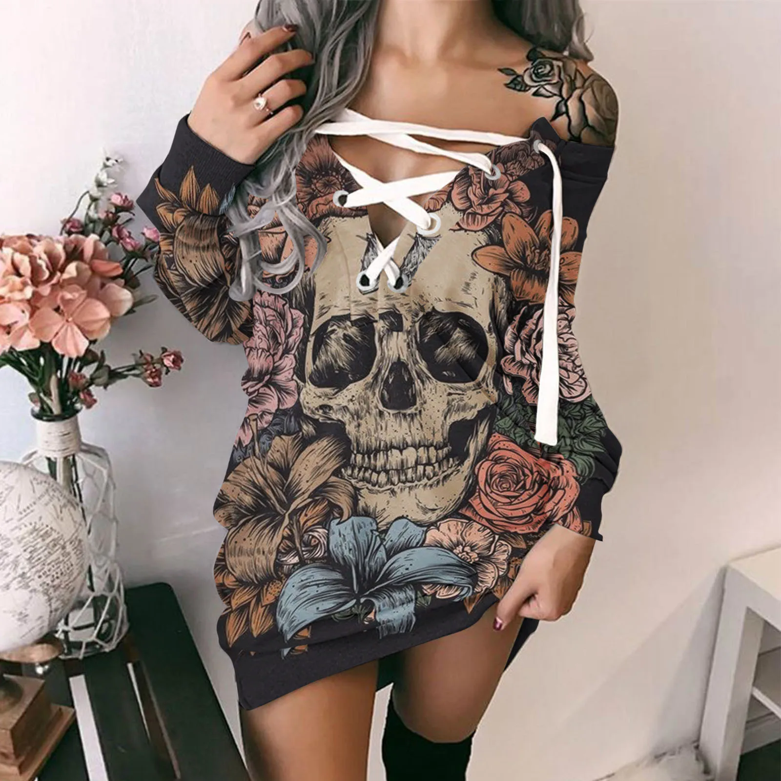 

Hoodie Dress For Women Halloween Prints Sweatshirt Dress Off Shoulder Strappy Long Maxi Shirt Loose Fit Dress Chiffon Tea Dress
