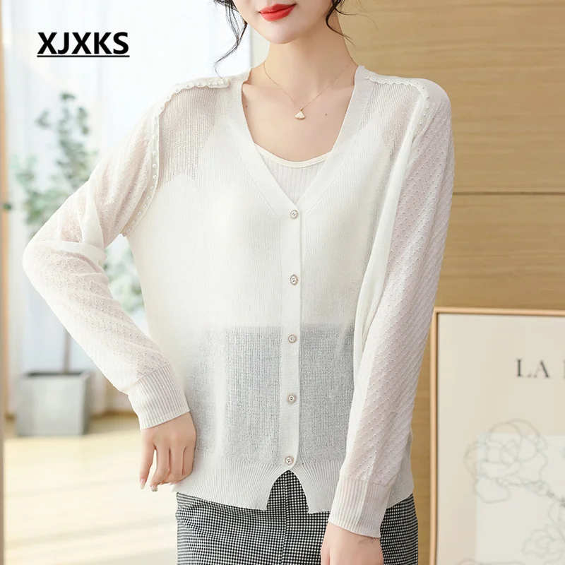 

XJXKS 2023 Summer New Ladies Sunscreen Tops High-quality Knitted Single-breasted Spring Autumnl Women's Sweater Cardigan Jacket