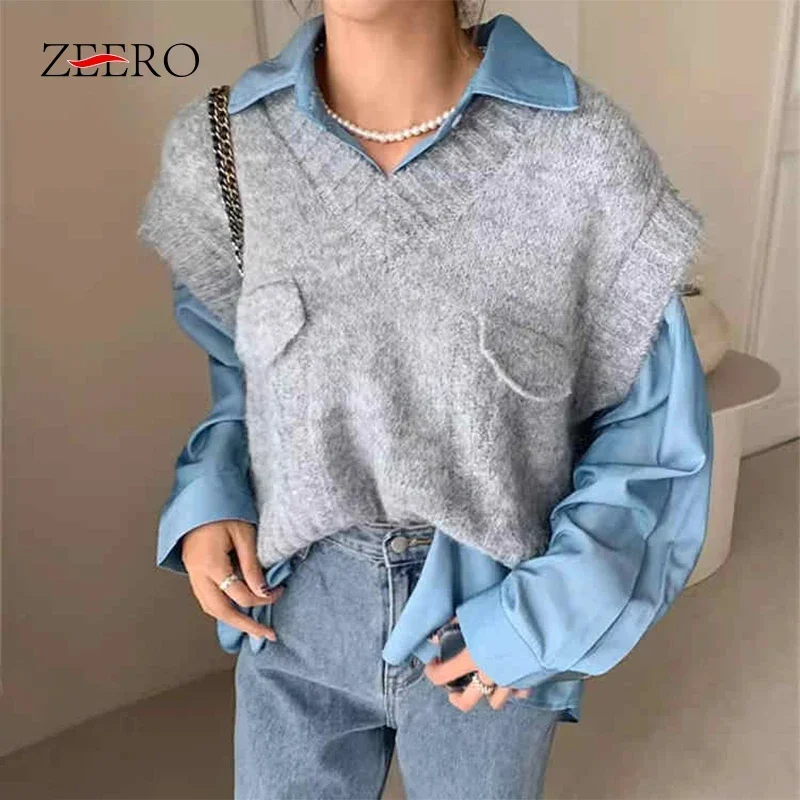 Осень-весна винтажные вязаные пуловеры с v-образным вырезом жилеты женские серые