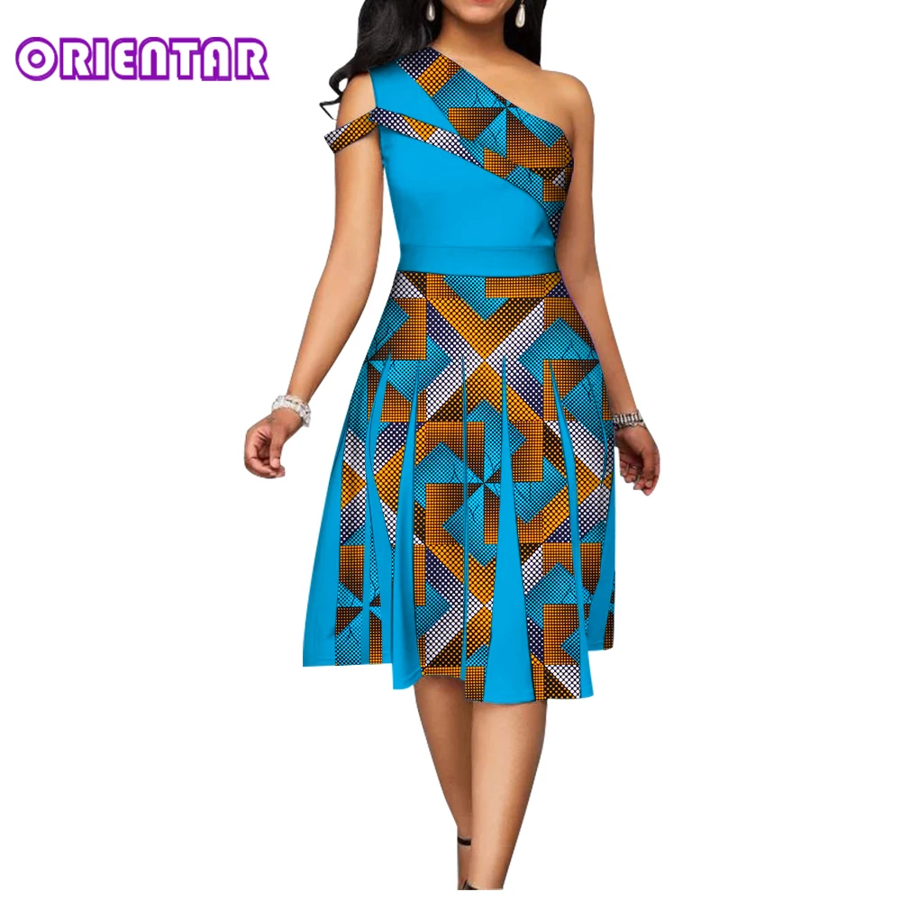 

Африканские платья для женщин, модные элегантные вечерние платья с открытой спиной и косым плечом, женская одежда с Африканским принтом WY8892