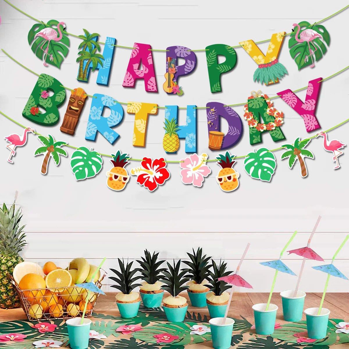 

Летний Гавайский яркий баннер в виде фламинго с надписью «Happy Birthday»