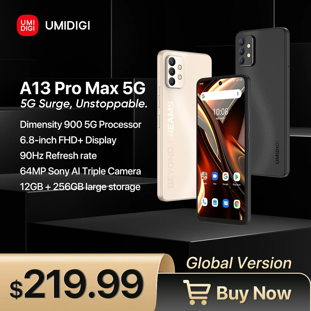 World Premiere UMIDIGI A13 Pro Max 5G Smartphone,12GB+256GB Dimensity 900, 90Hz 6.8'' FHD+ Display 64MP Triple Camera Cell Phone