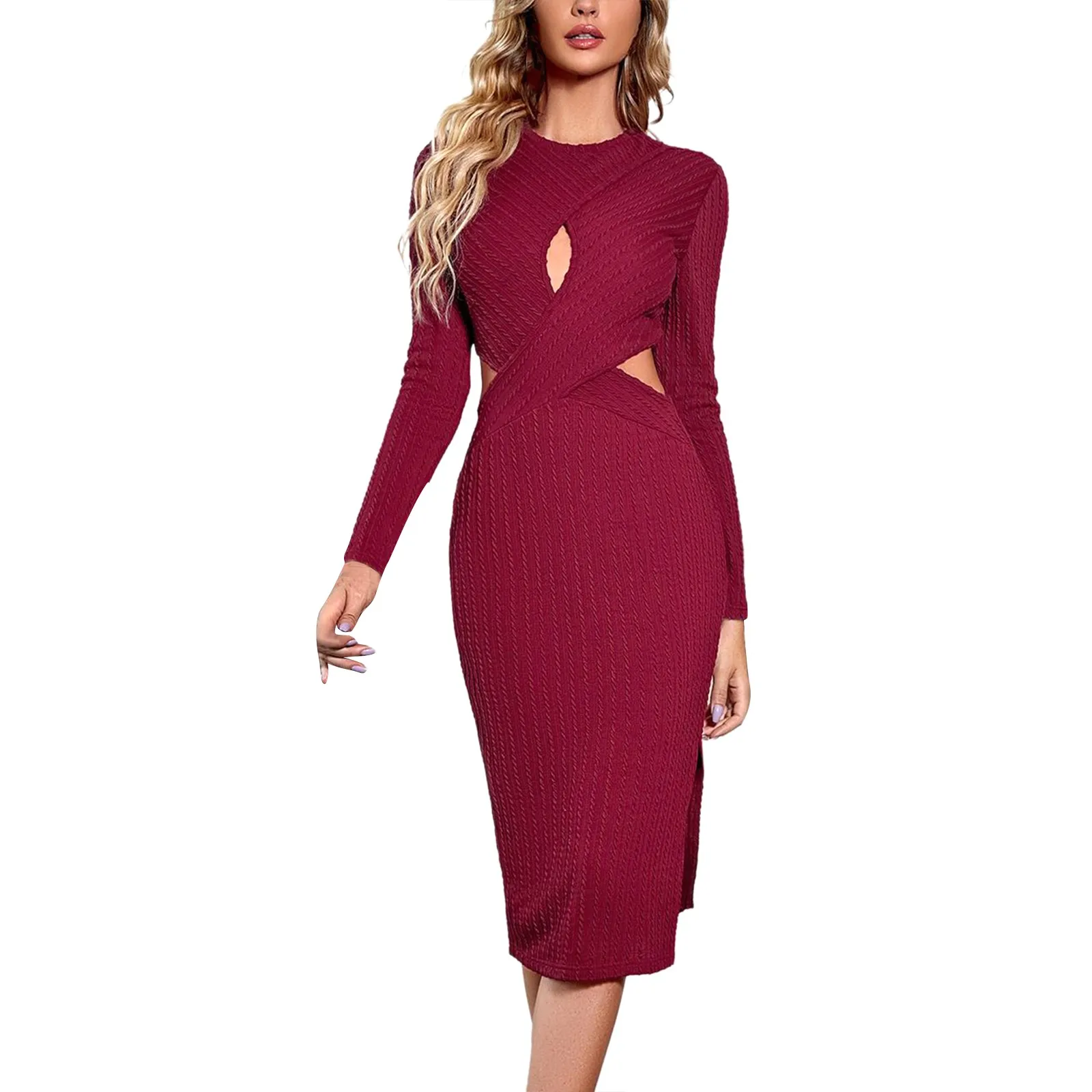 

Women'S Fashion Casual Solid Color Round Neck Long Sleeve A-Line Skirt Waist Hollow Hollow Dress Maxi Dress For Women Summer
