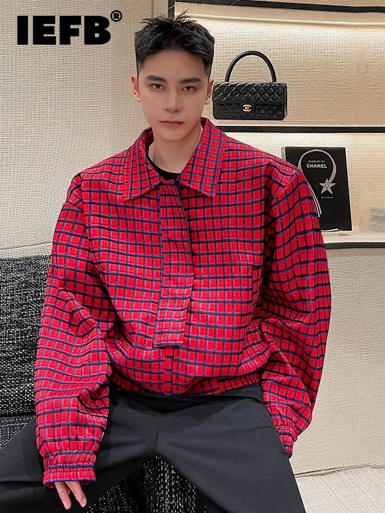 

IEFB Korean Trend Vintage Red Plaid Men's Jacket 2022 New Loose Lapel Casual Zipped Short Oversize Coat Autumn Casual 9A1105