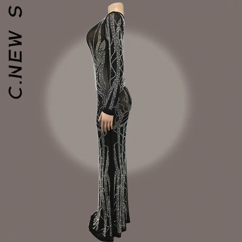 C.New S Глубокий V-образный вырез сетка пэчворк Блестки Кристалл платье для женщин