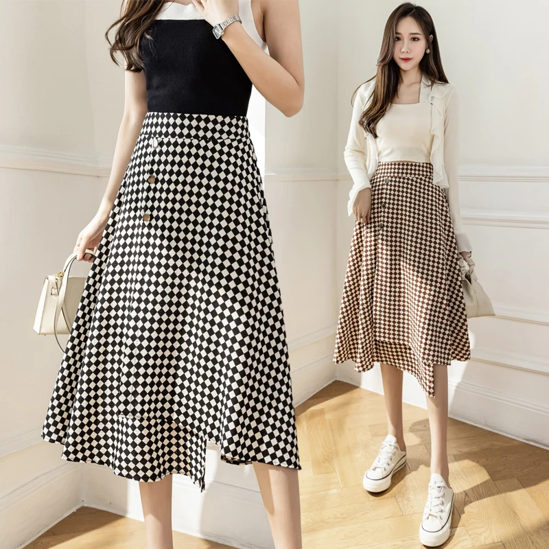 

COIGARSAM Women Long Skirt 2022 New Vintage Plaid High Waist Black Khaki Skirts