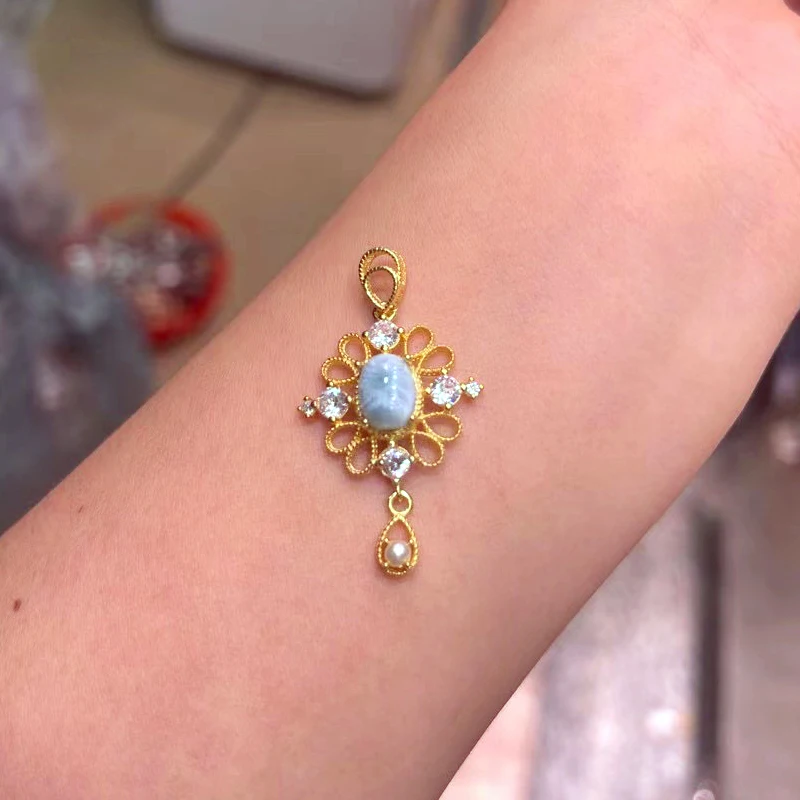 

Натуральный винтажный ажурный кулон Larimar в виде капли, искусственное серебро с позолоченными драгоценными камнями 18 карат для женщин