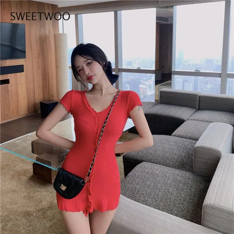 

Women Korean Styles Short Sleeve Button Solid Color V-Neck Party Mini Dress Feminina Bodycon Dress Robe Femme Slim Fashion Tide
