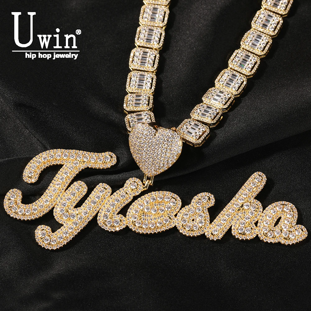 

Uwin Heart Bail Personalized Baguettes Letter Pendant Brush Cursive Name Necklace Pendant Micro Paved CZ Chain Hiphop Jewelry