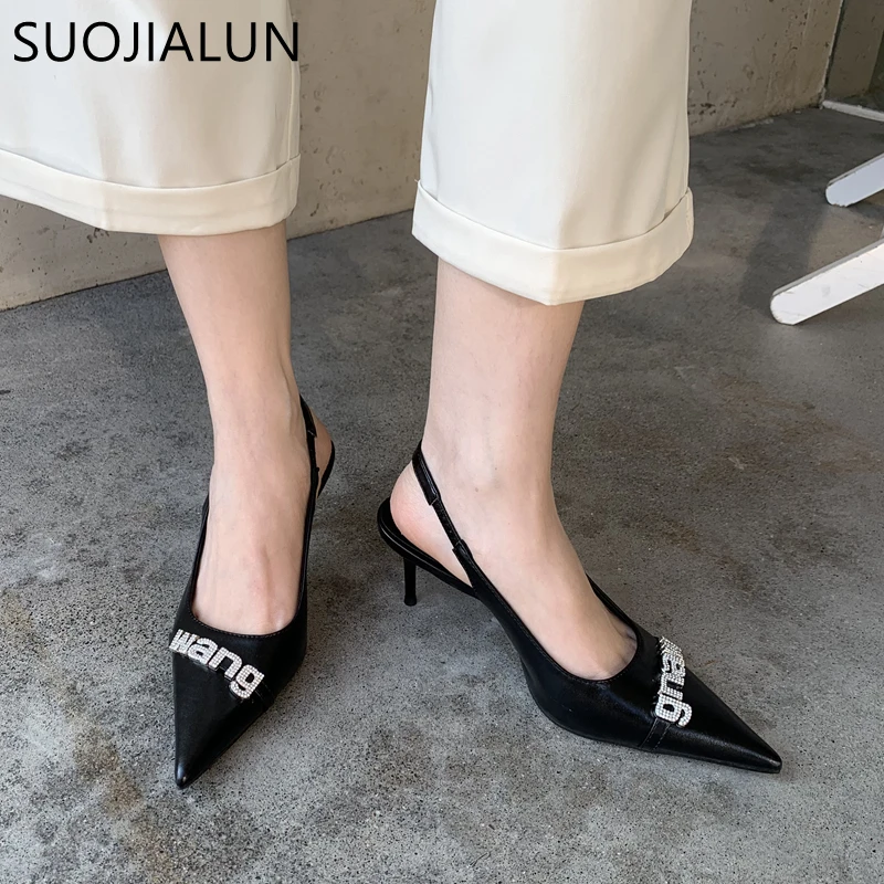 

SUOJIALUN 2023 Spring New Brand Women Snadal Fashion Pointed Toe Shallow Slip On Ladies Slingback Sandals Thin High Heel Pumps