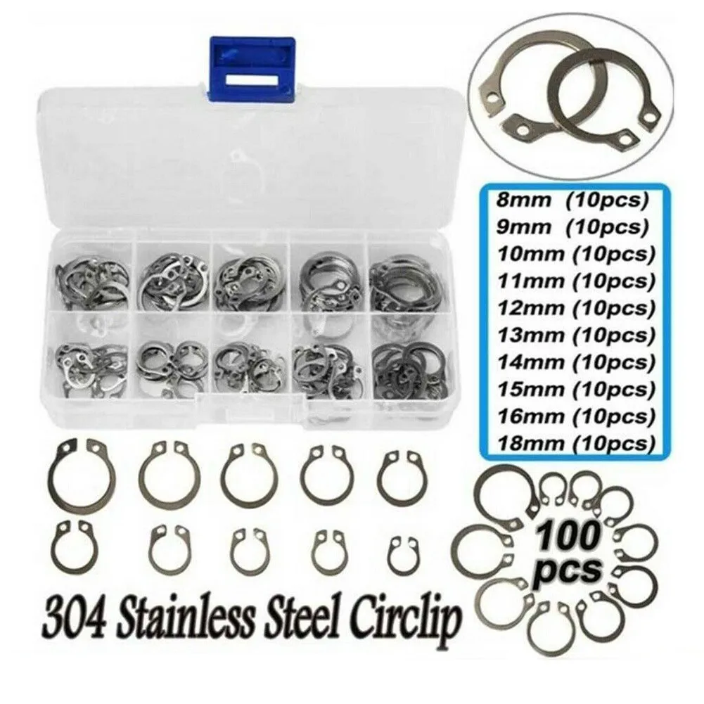 

External Retaining Ring Circlip Fastener Rust Resistance Set Snap Storage 100pcs 304 Stainless Steel Brand New