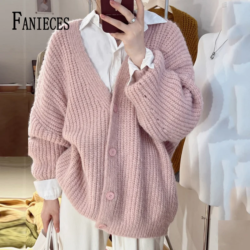 

FANIECES Winter Solid Knitted Loose Sweater Women Pullover Tops V Neck Lantern Sleeve Casual Streetwear Pull Femme Hiver 2022