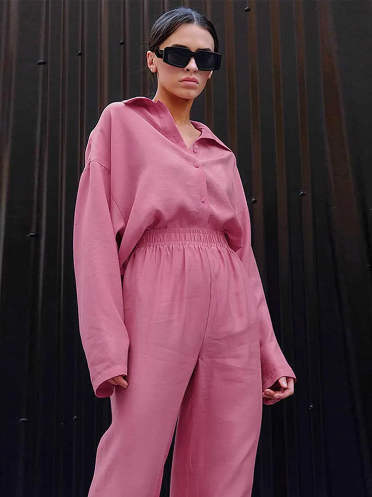 

Loose Wide Leg Pants Suits Women Fashion Solid Lapel Long Sleeve Home Suit 2022 Casual Female Trousers 2 Pieces Sets