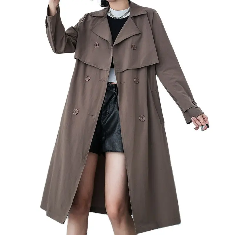 Vintage Double Breasted Coat With Belt Women Mid Length Splice Long Sleeve Trench Jackets 2022 New Locomotive Slim Windbreaker