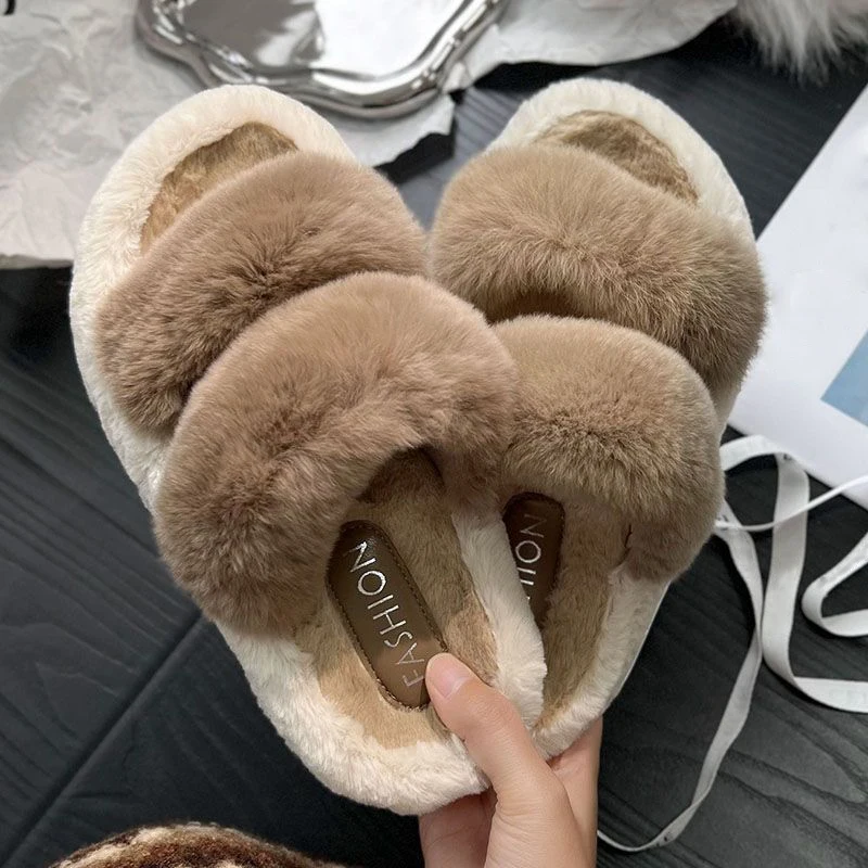 Зимние теплые меховые тапочки женские 2024 модные плюшевые домашние с ремешком