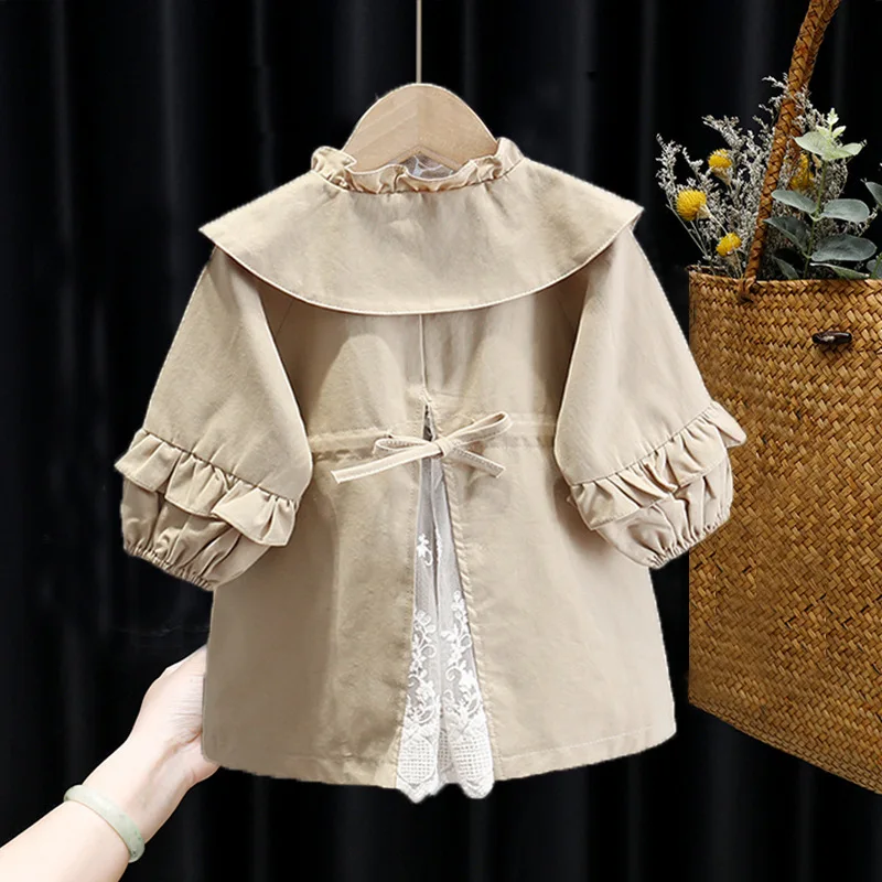 

New Girls' Windbreaker Spring and Autumn Medium Length Children's Korean Lapel Coat with Lace 2-10Y
