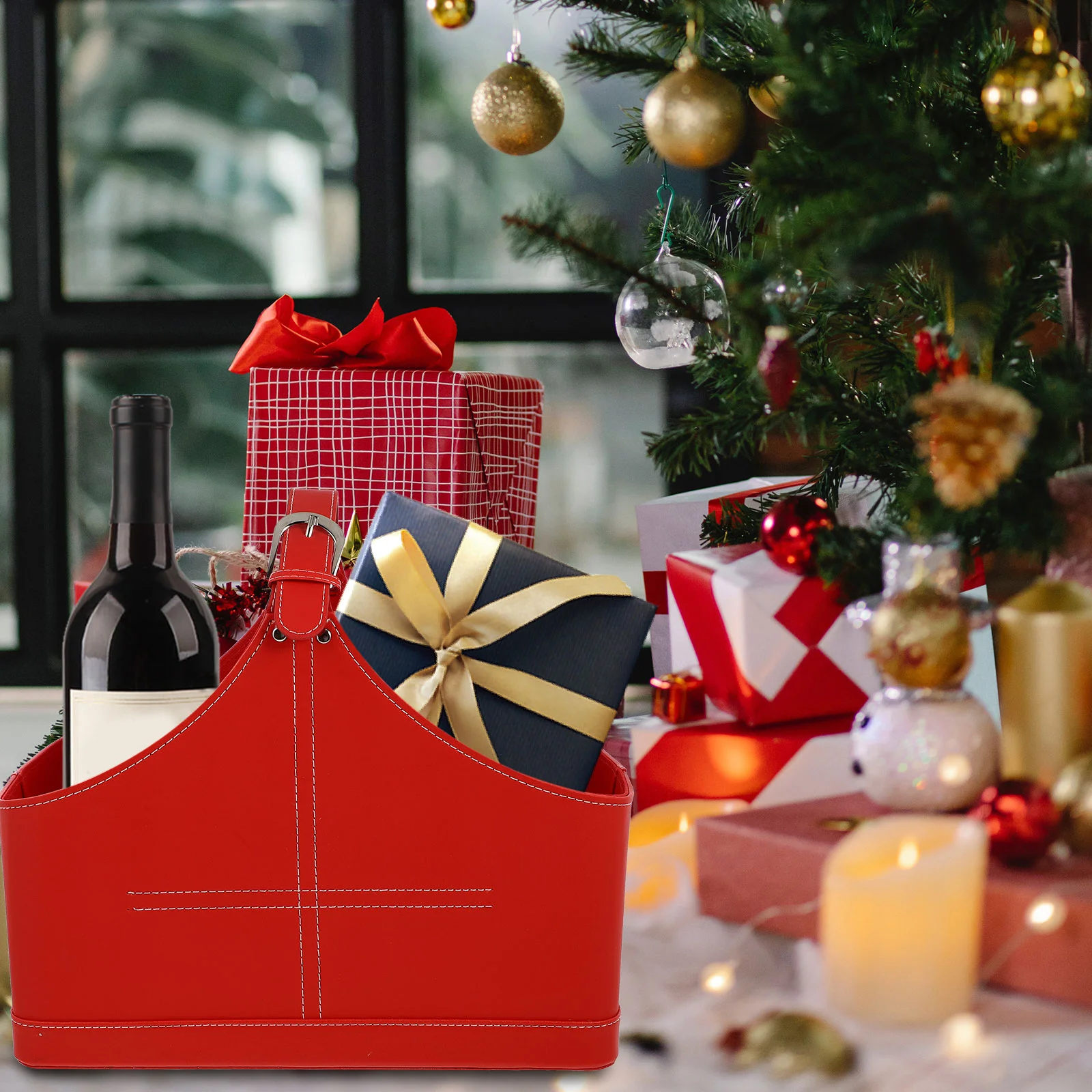 

Basket Gift Christmas Wineleather Holderstorage Present Bottle Party Organizer Newspaper Rack Book Portable Wrapping Winter Bins