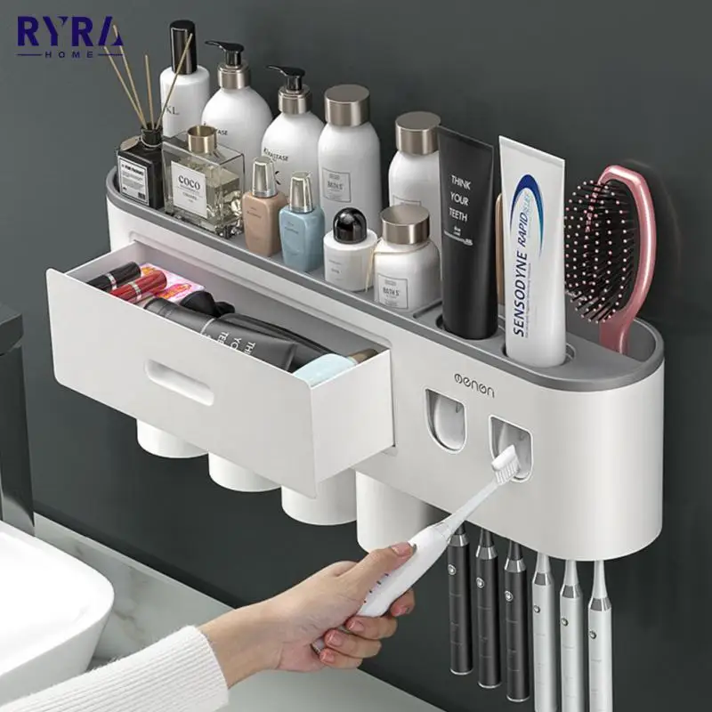 

Bathroom Toothbrush Holder Magnetic Adsorption Inverted Cup Wall -Automatic Toothpaste Squeezer Storage Rack Bathroom Accessorie