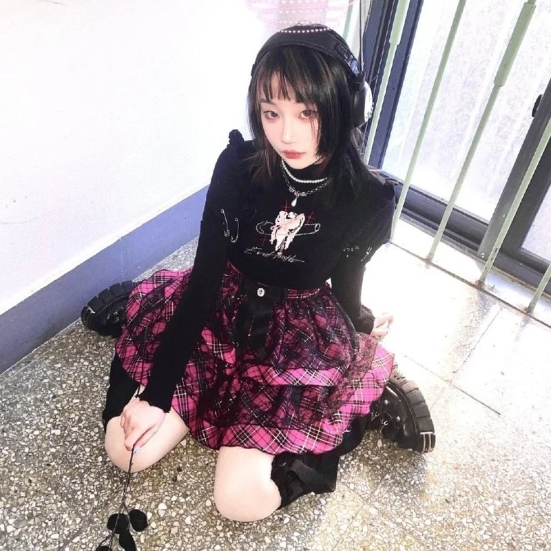 

Harajuku Style Plaid Pattern Y2k Cool Hot Girl Tutu Skirt Black Sweet Japanese Lace Punk Half-length Mini Skirts Femme E124
