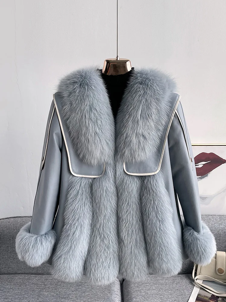 High-End Imported Fox Fur Fur Coat Women's Mid-Length Haining New Sailor Collar Sheepskin down Jacket Coat