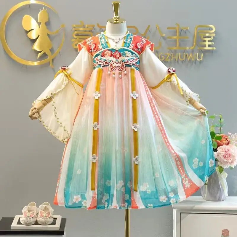 

Китайское платье Hanfu, раньше, детский Карнавальный костюм для косплея на Хэллоуин, летнее синее платье с градиентом для девочек, детей