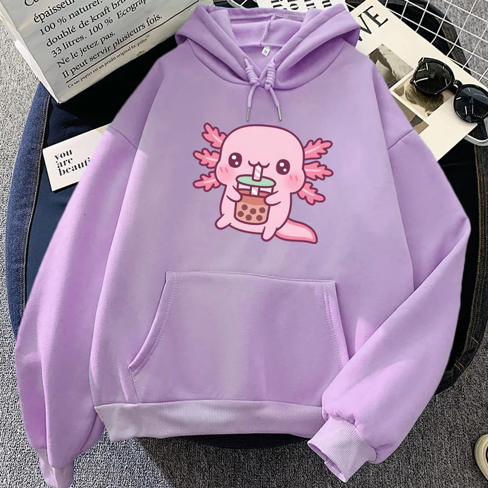 Розовые толстовки с капюшоном Axolotl Eating Bubble Boba Milk Tea зимние рисунком из мультфильма