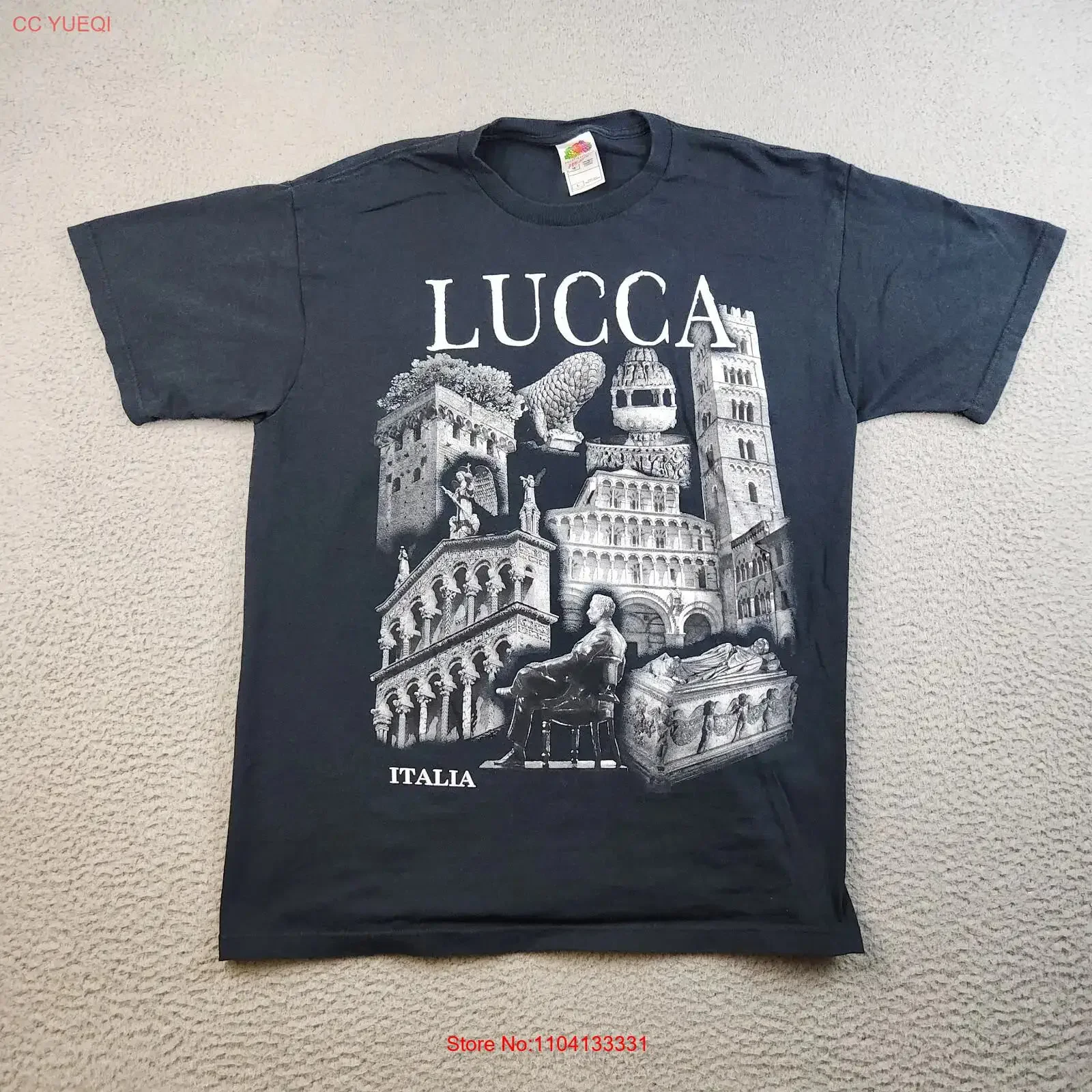 Фото ИТАЛИЯ футболка мужская большая черная Lucca Art Ренессанс Тоскана город винтажного стираного топа унисекс для повседневной носки удобный №1