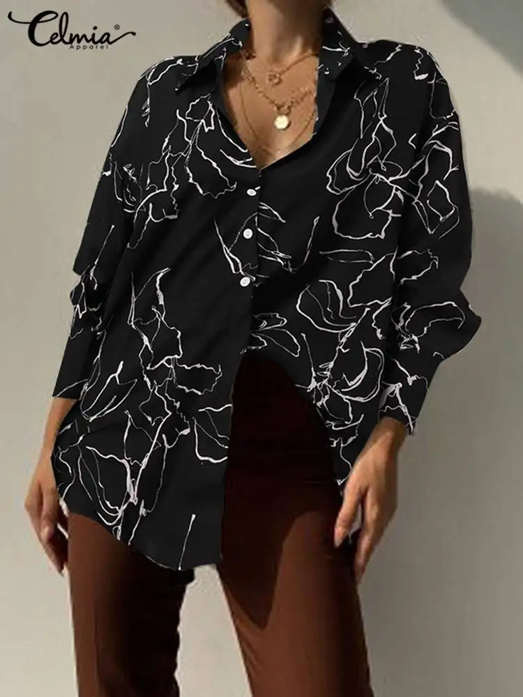 

Celmia Elegant Lapel Long Sleeve Shirts Women Casual Floral Printed Asymmetrical Hem Blusas 2022 Fashion Everyday Office Blouses