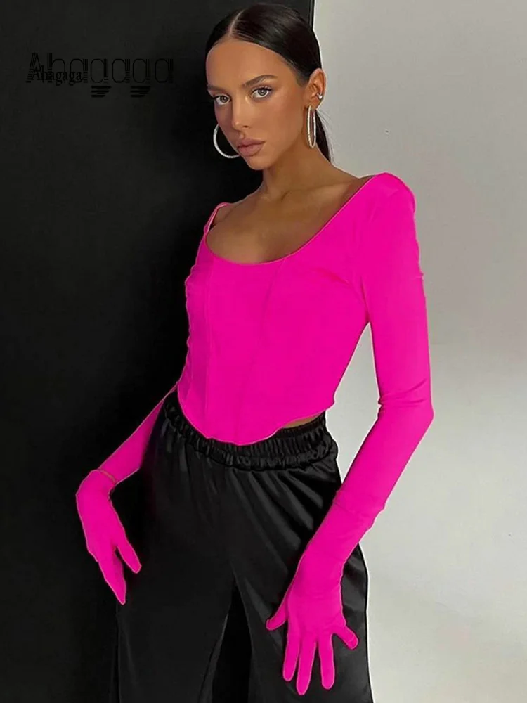 

Уличная одежда AHAgaga, перчатки с длинным рукавом, женские облегающие топы с квадратным воротником, женская рубашка с оборками