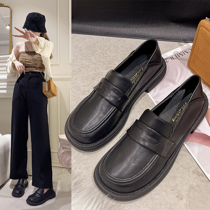 

Shallow Mouth Flat Black Shoes For Women Female Footwear Oxfords British Style Loafers With Fur Round Toe Casual Sneaker Slip-on