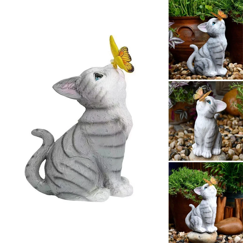 

Garden Solar Butterfly Cat Light LED Night Lamp Fairy Figurine Solar Light Cat Butterfly Sculpture Resin Craft Lantern Home