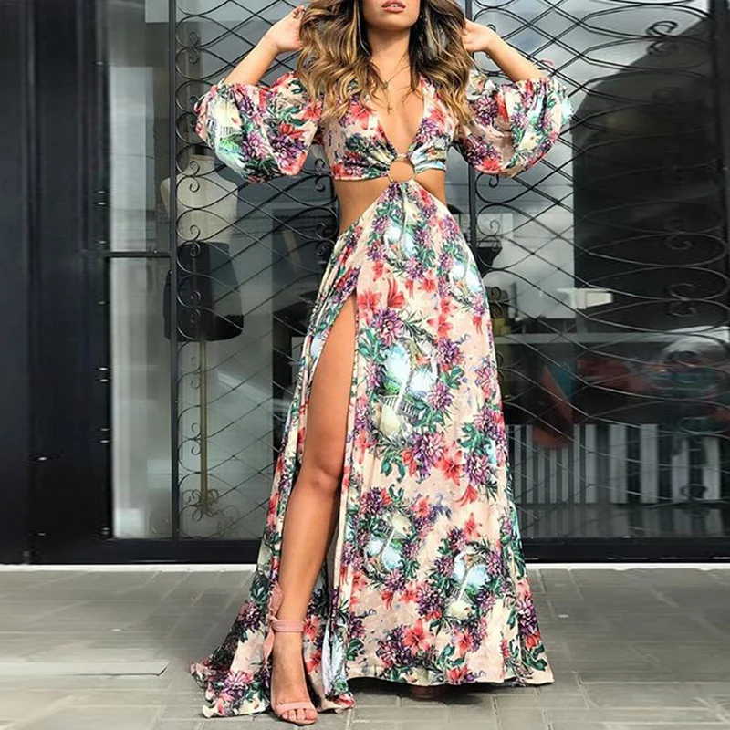 

Summer Women Cottagecore Floral Print Cutout Thigh Slit Maxi Dress Holiday Vocation Boho Beach Long Dress Sexy Backless Vestidos