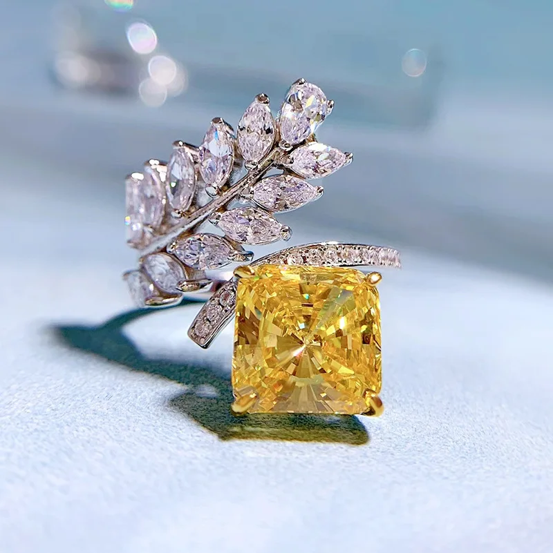 

925 Silver High Carbon Diamond 10*10 Ice Flower Cut Yellow Diamond Pink Diamond European Ring