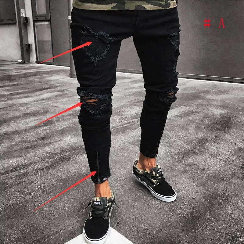 Cool Designer Brand Black Jeans Skinny Ripped Destroyed Stretch Slim Fit Hop Hop Pants With Holes For Men