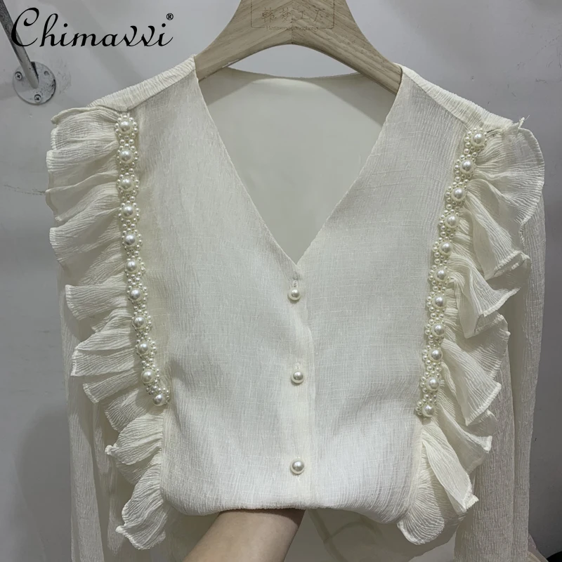 

European Style V-neck Bead Wooden Ear Lace Shirt for Women 2022 Spring New Fashion Loose-Fit Long Sleeves Temperament Blouse